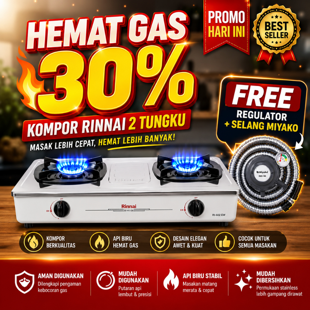 Rinnai Kompor Gas 2 Tungku Hemat Gas Api Besar – Free Regulator Selang Miyako Original