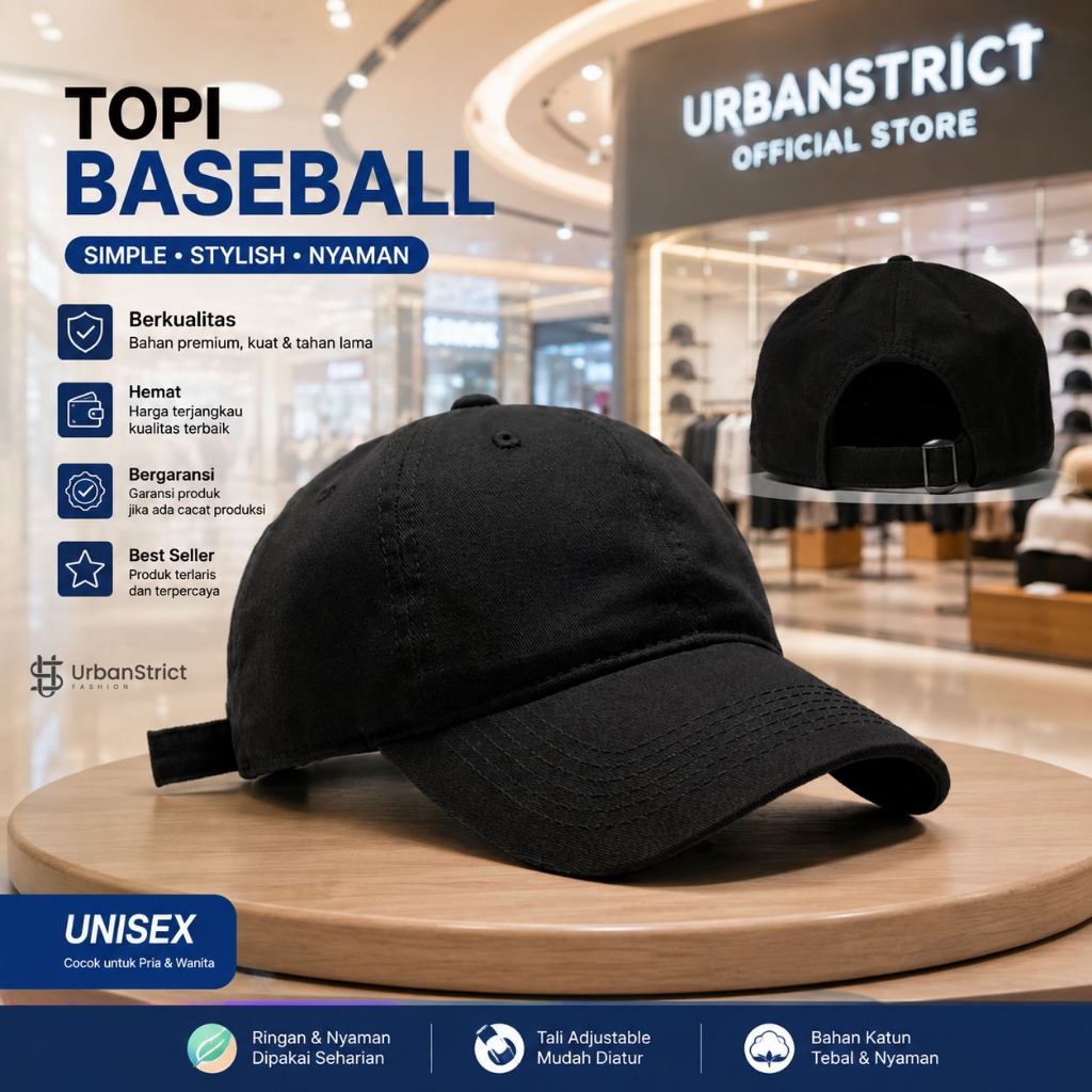 Urbanstrict - Topi Baseball Polos Hitam Topi Santai Topi Unisex