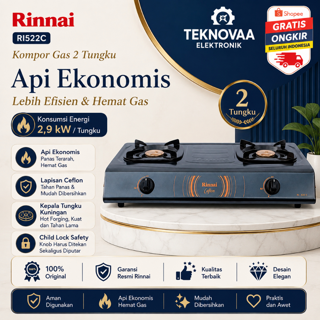 RINNAI KOMPOR GAS 2 TUNGKU RI 522 C KOMPOR RINNAI/RI-522C/RI522C/RI522/KOMPOR ORIGINAL RINNAI
