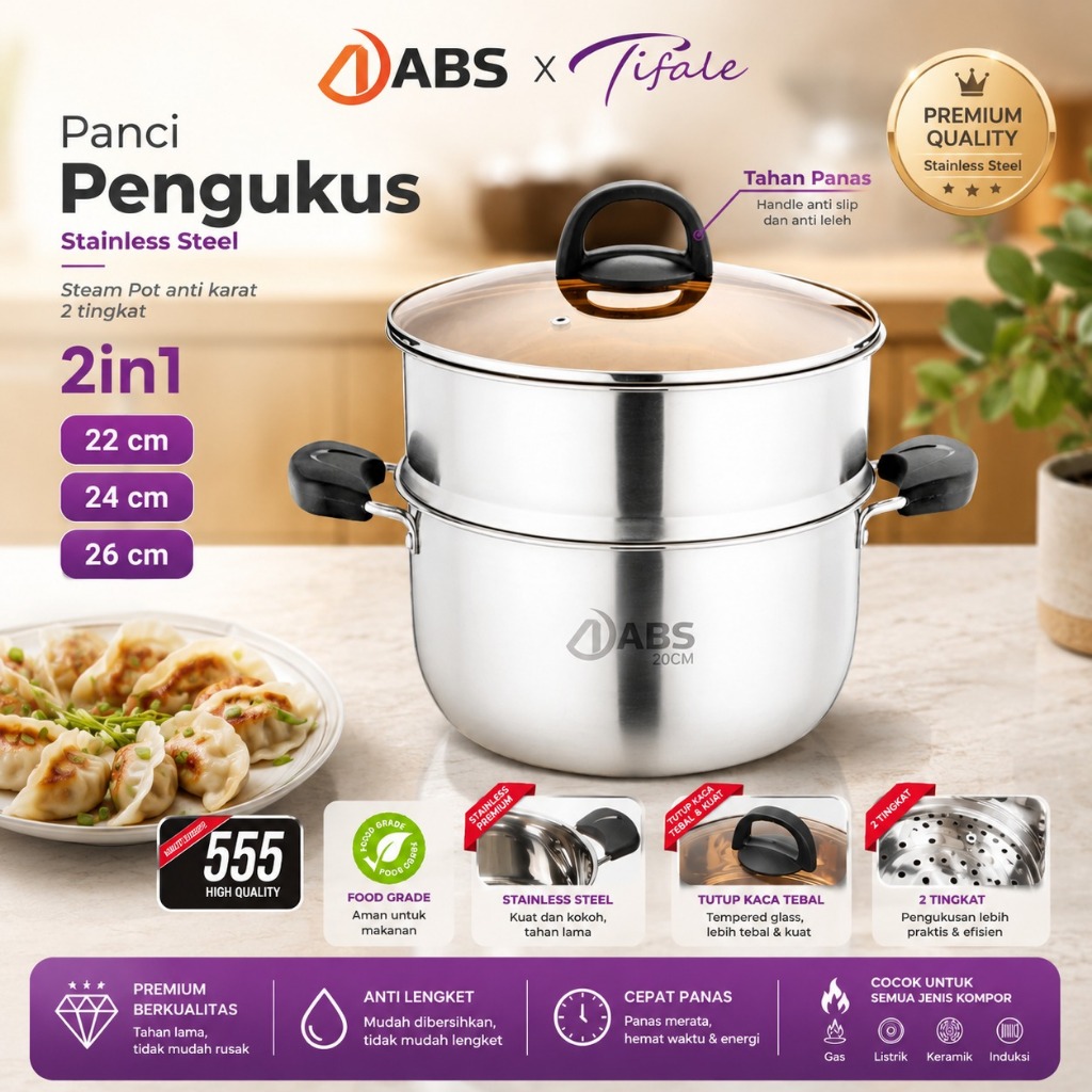 Tifale X ABS Panci Kukus Steam Pot 2 Tingkat Stainless 22cm Premium Quality Panci Mpasi