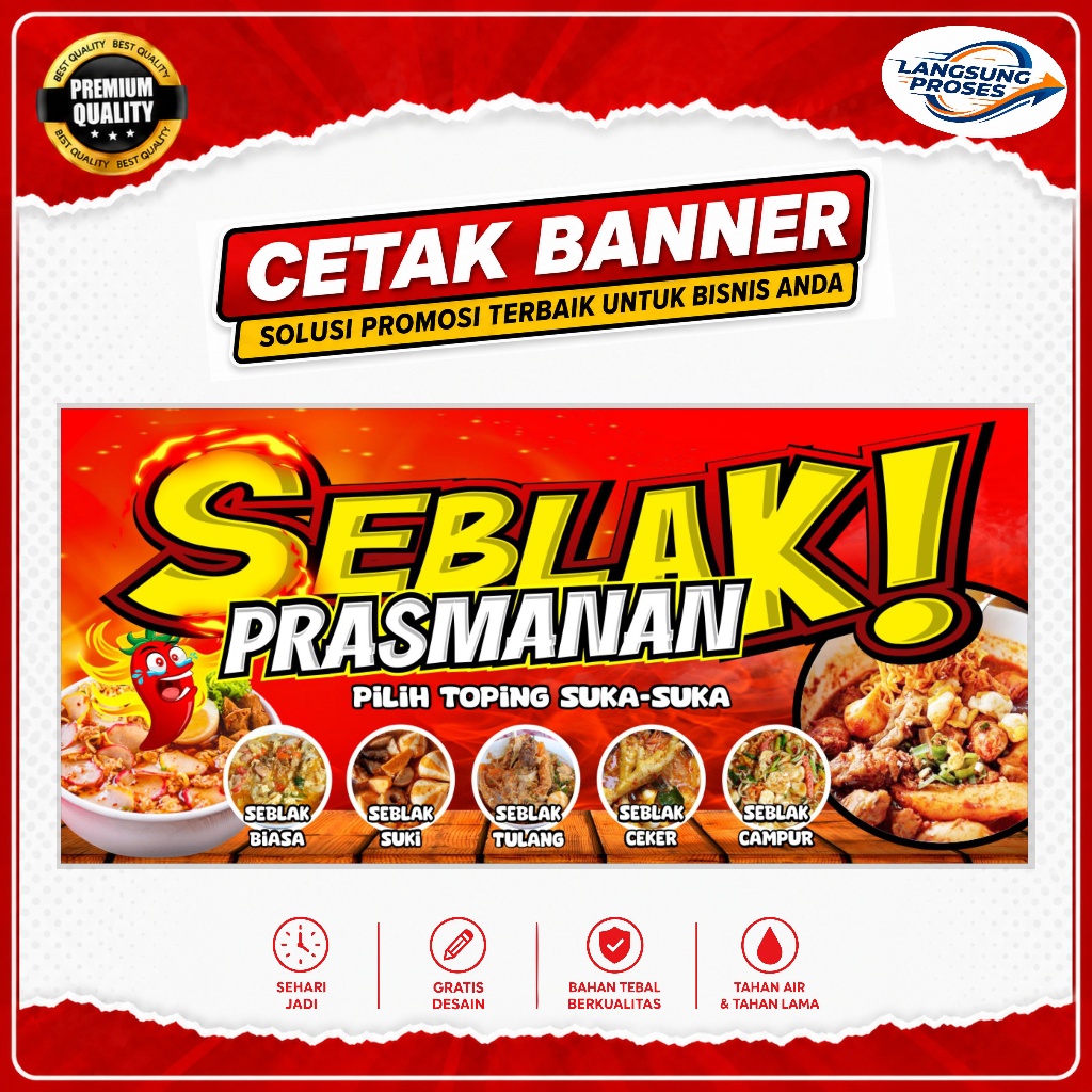 Cetak Spanduk Seblak Prasmanan – Banner Menu Seblak Aneka Topping Custom Free Desain