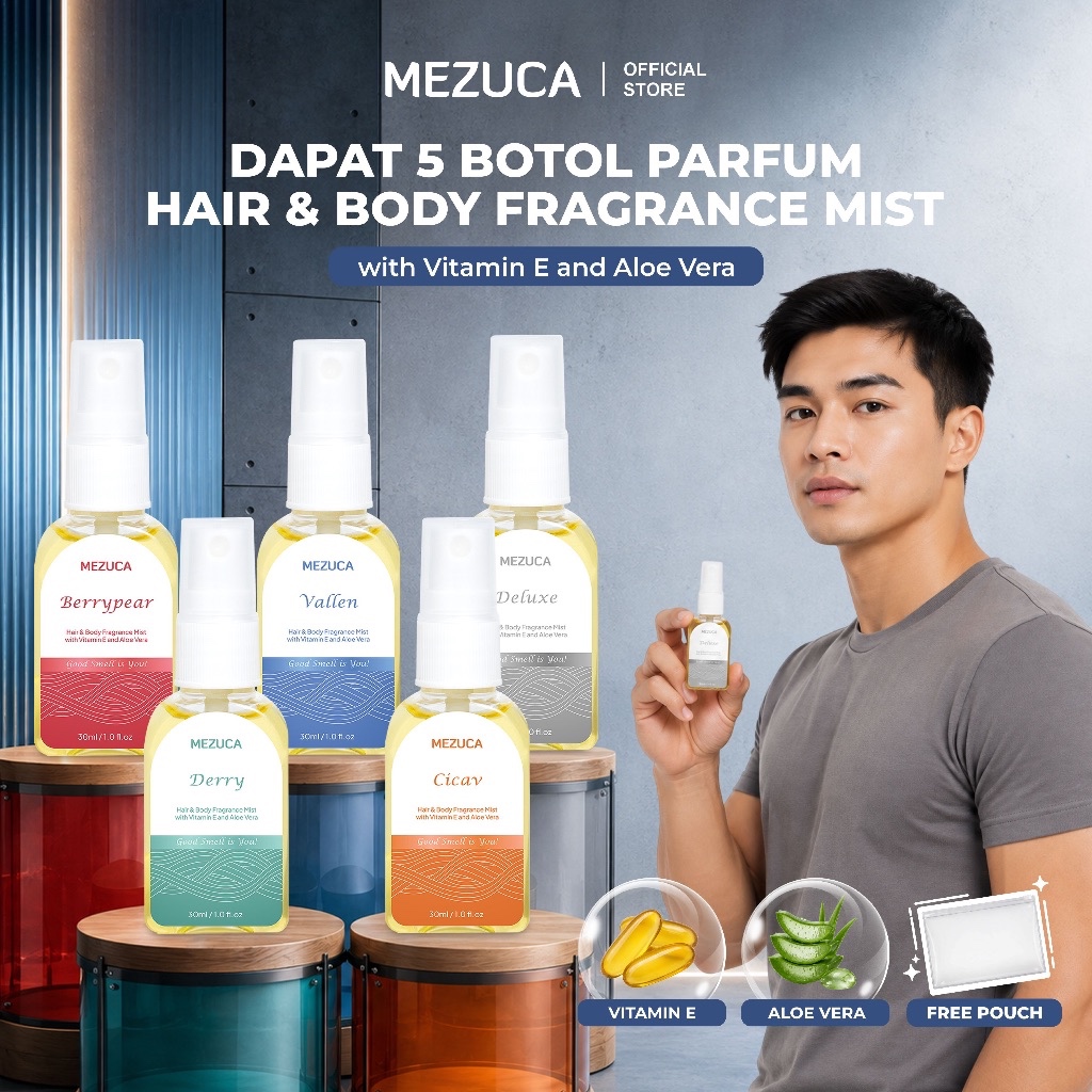 Dapat 5 Botol Parfum Hair & Body Fragrance Mist Mezuca 30mL with Vitamin E and Aloe Vera BPOM