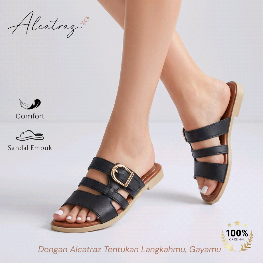 Alcatraz Sandal Flat Wanita Teplek Slop Santai Busa Empuk Nyaman Elegan Lisa 01