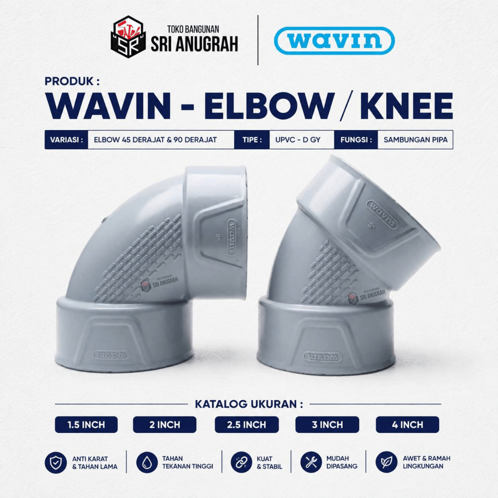 WAVIN Elbow / Knee 45° & 90° UPVC D GY 1.5" 2" 2.5" 3" 4" Sambungan Pipa Drainase