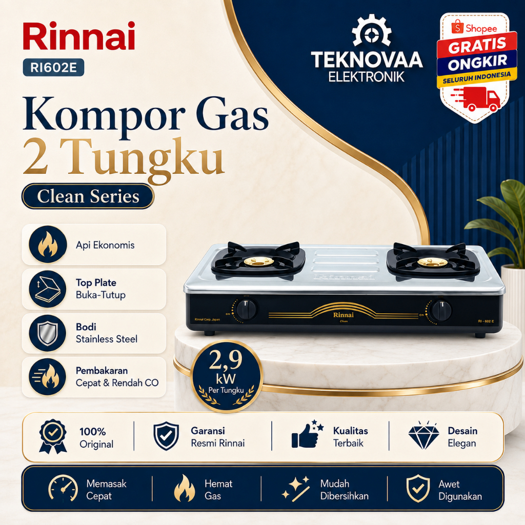 RINNAI KOMPOR GAS 2 TUNGKU RI 602 E/RI602E/RI 602-E/RI-602-E/KOMPOR RINNAI 602 E/ORIGINAL/GARANSI