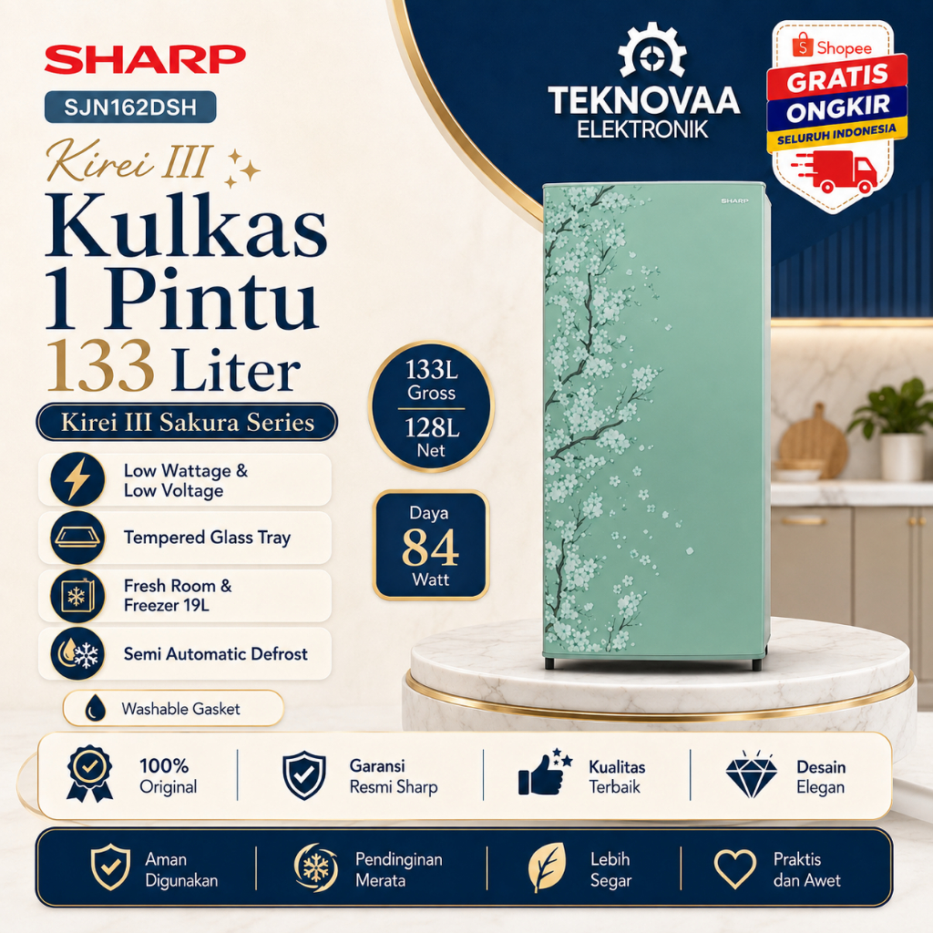 SHARP KULKAS 1 PINTU SJN162DSH 128L/SJN-162DSH/SJN 162DSH/SHARP KULKAS LOW WATT ORIGINAL BERGARANSI
