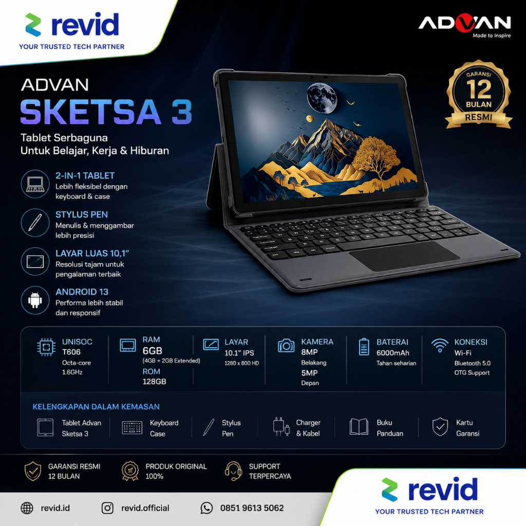 Tablet Advan Sketsa 3 2-in-1 dengan Keyboard Case Stylus Pen Layar 10.1 Inch Android 13