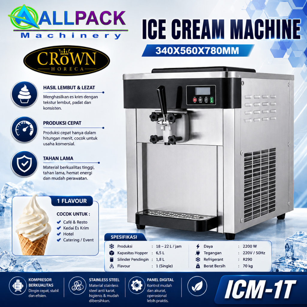 ALLPACK Machinery Ice Cream Machine ICM-1T 340x560x780mm 1 Flavour 2200W Stainless Steel