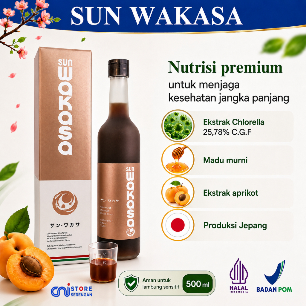 CNI Sun Wakasa (Kemasan Baru) 500ml Minuman Kesehatan Chlorella, Madu dan Aprikot sebagai Antioksida