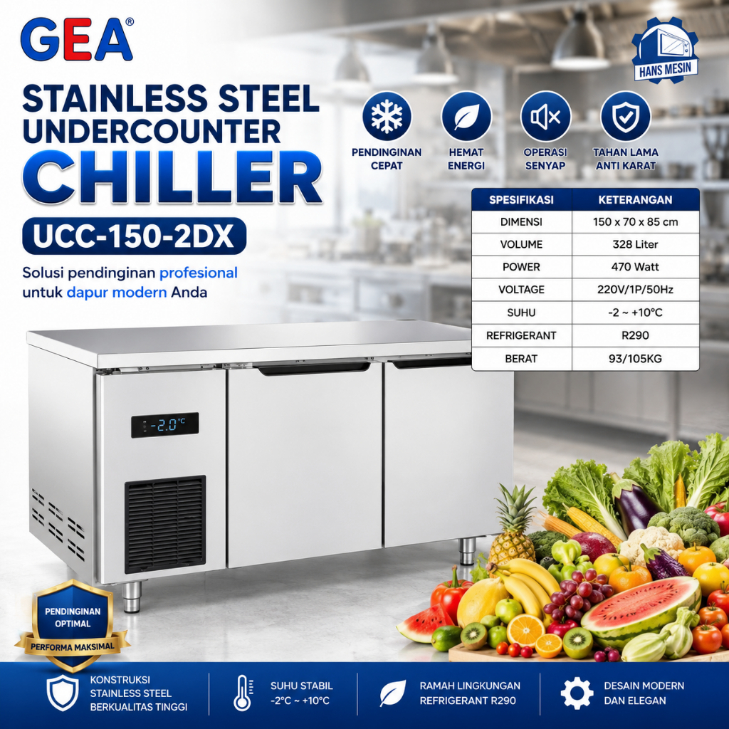 GEA CHILLER STAINLESS STEEL 2 PINTU / UNDERCOUNTER CHILLER (GEA) UCC-150-2DX