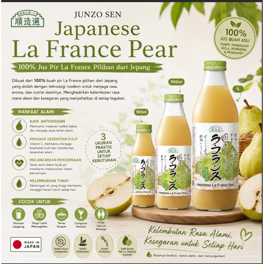 Junzo Sen Japanese La France Pear Juice 50% 180ml / 500ml / 1L | Jus Pir La France Jepang | Minuman 