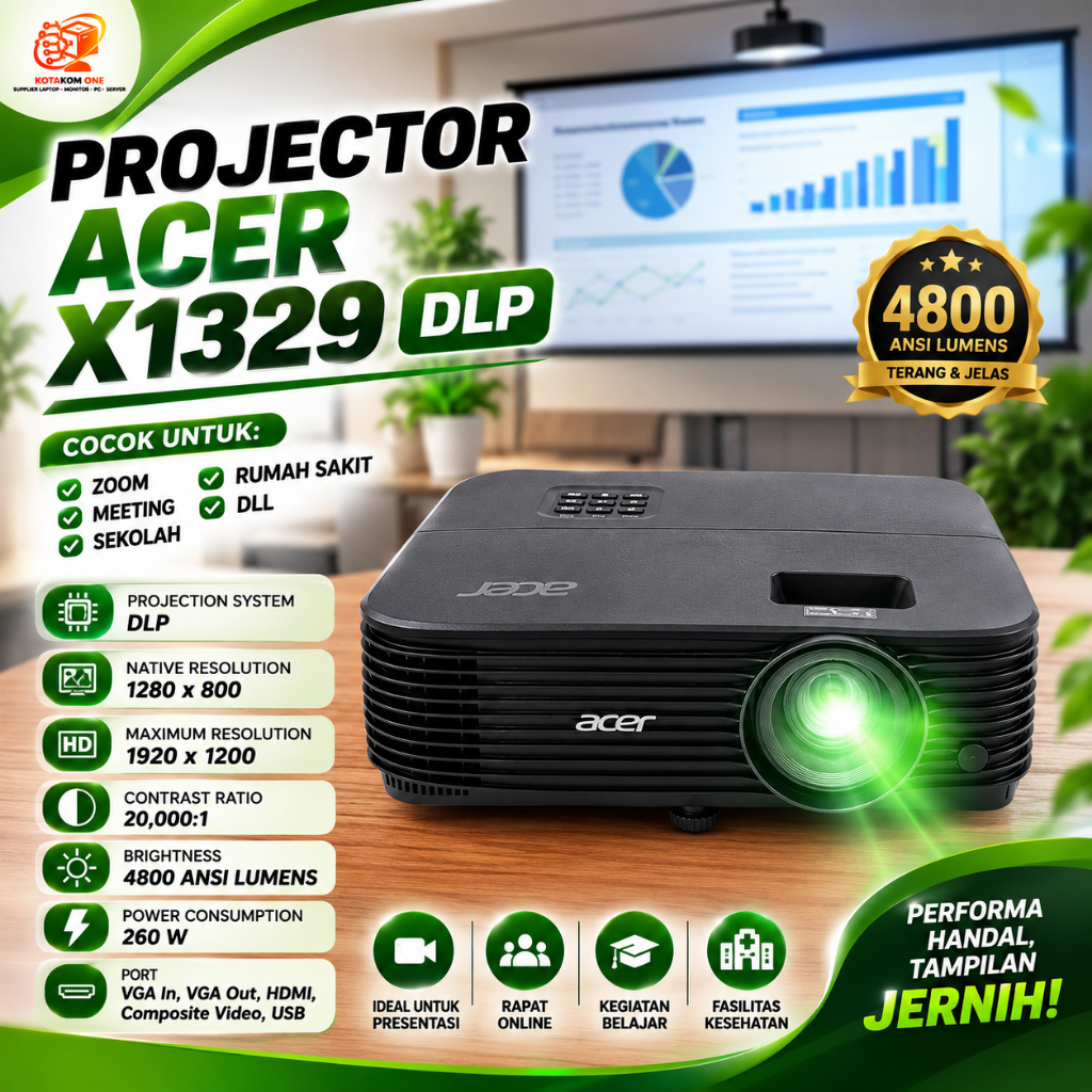 Proyektor Acer X1329 4800 ANSI LUMENS - Proyektor Acer X1329 DLP Sekolah Kantor