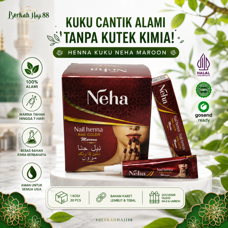 Henna Neha Nail Color Maroon 12 pcs Pacar Kuku Alami Halal Sah Solat Souvenir Haji Umroh