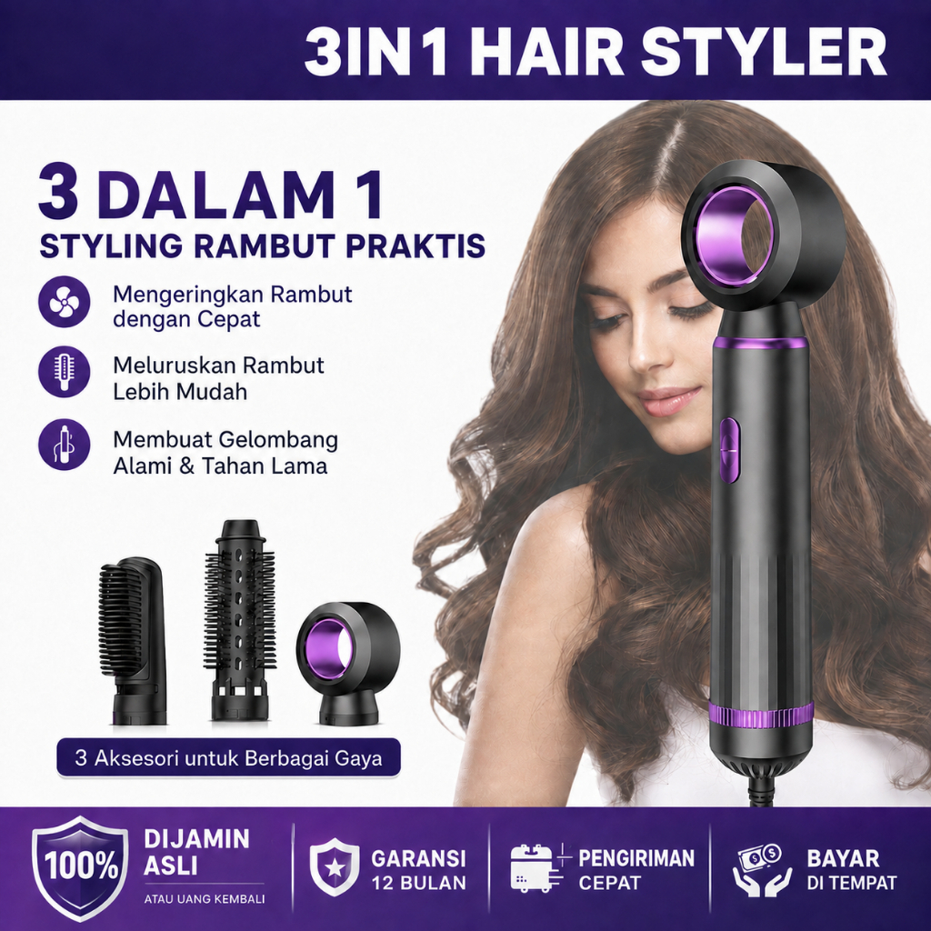 Sisir Blow Dryer 3in1 Low Watt Mini - Hair Dryer Portable, Hot Air Brush Pengering Rambut, Bisa Luru