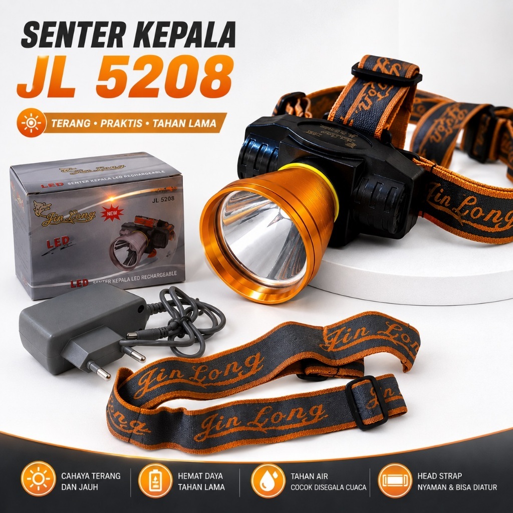 Senter Kepala Lampu Free cas Adaptor Cas Box Tali Strape Tipe JL 5208K CAHAYA KUNING