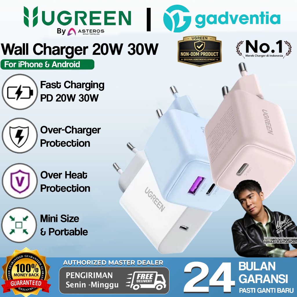 UGREEN Kepala Adaptor Charger For iPhone 17 16 15 14 13 12 11 Pro Max PD Fast Charging 20w 30w 45w