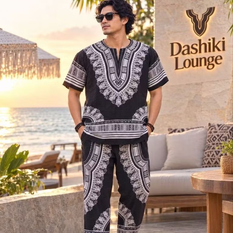 Setelan Dashiki Lounge Pria Batik Hitam Putih Atasan Lengan Pendek dan Celana Panjang