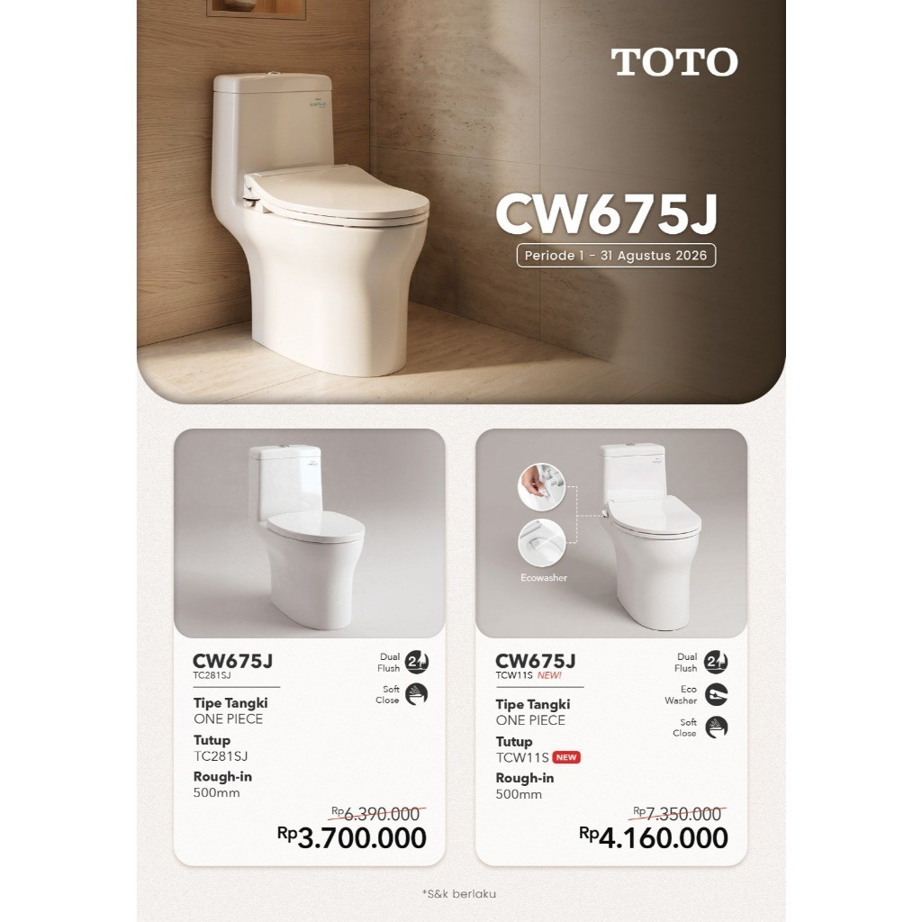 Kloset Duduk TOTO CW675J Closet CW 675 J One Piece Toilet TC281SJ Soft closing