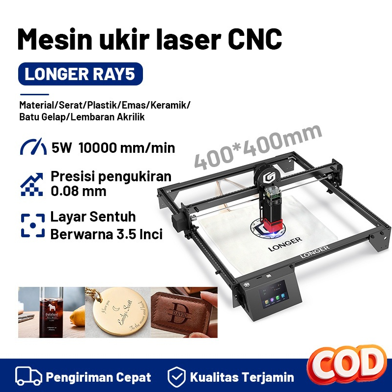 Mesin Ukir Laser CNC LONGER RAY5 400x400mm 5W Layar Sentuh 3.5 Inch Presisi 0.08mm Alat Mesin Sablon