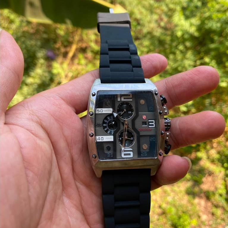 Jam Tangan Expedition Pria E 6636 M Chronograph Hitam Cowok Tali Karet Hitam / Rubber