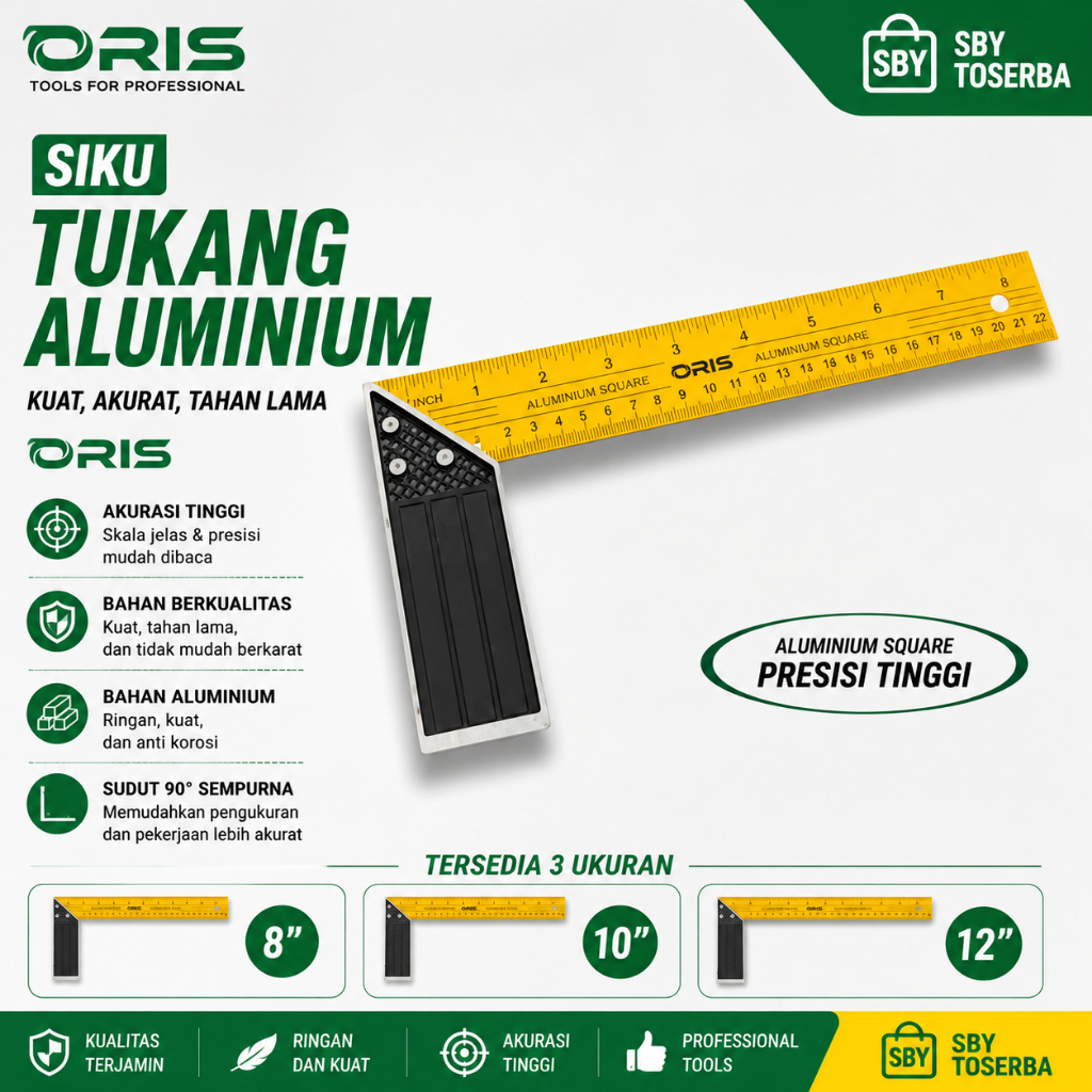 SIKU TUKANG ALUMINIUM MEREK ORIS UKURAN 8 IN 10 IN  12 IN / SIKU TUKANG / PENGGARIS SUDUT / PENGGARI