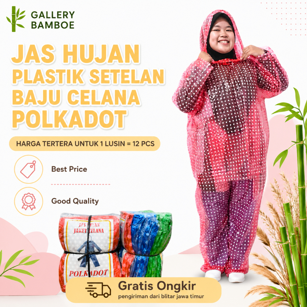 12pcs JAS HUJAN PLASTIK SETELAN BAJU CELANA POLKADOT/Mantel Plastik Polkadot/Mantel Plastik Setelan/