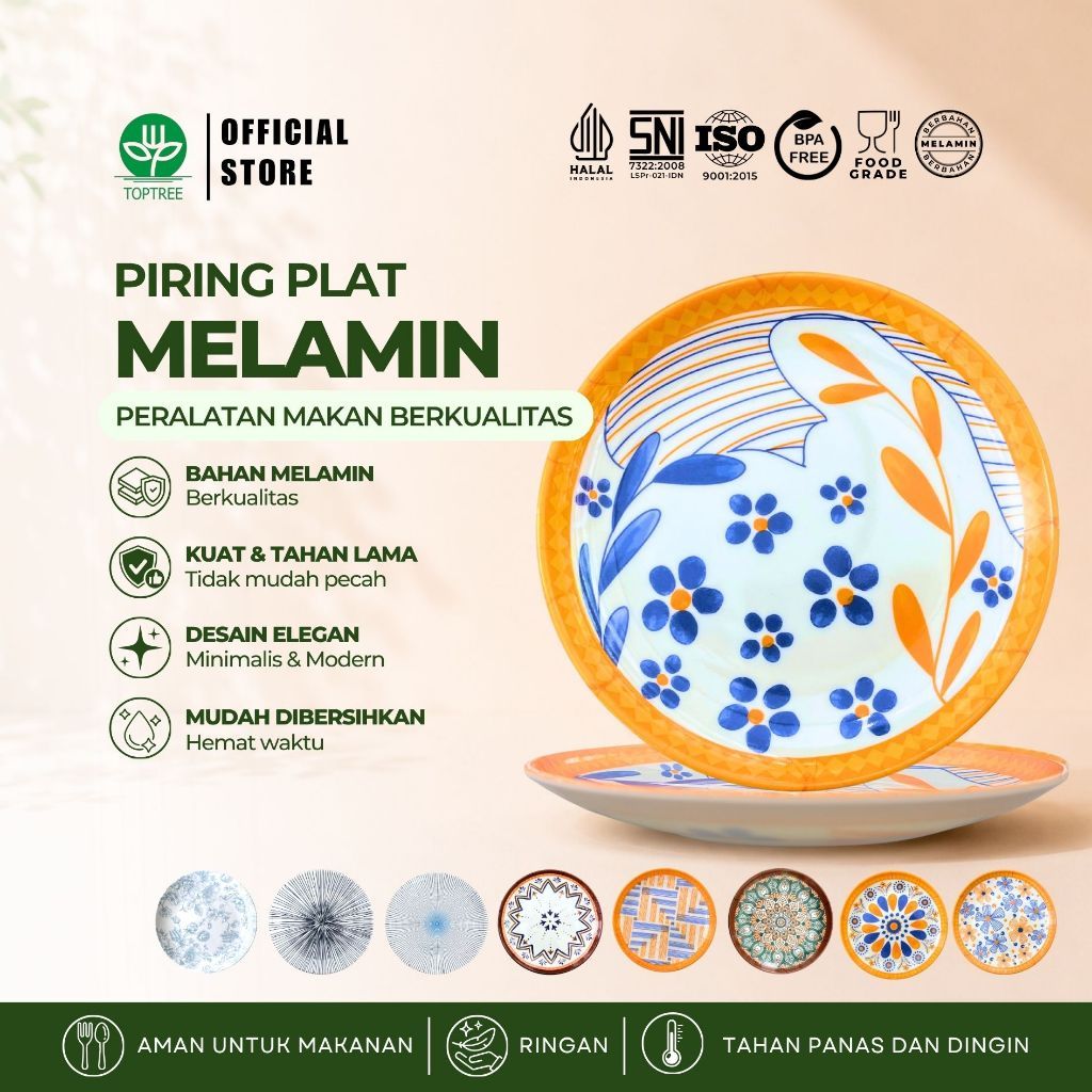 TOPTREE Piring Melamin Saji Plat Ukuran 7–10 Inch Motif Estetik Cantik - Piring Saji Melamin