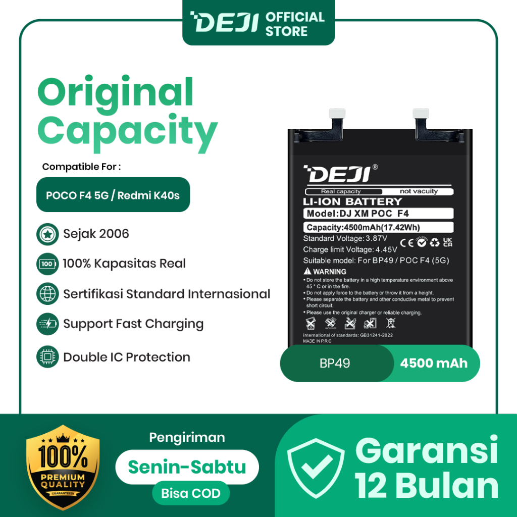 DEJI Baterai BP49 Poco F4 5G / Redmi K40S 4500mAh 3.87V Original Capacity