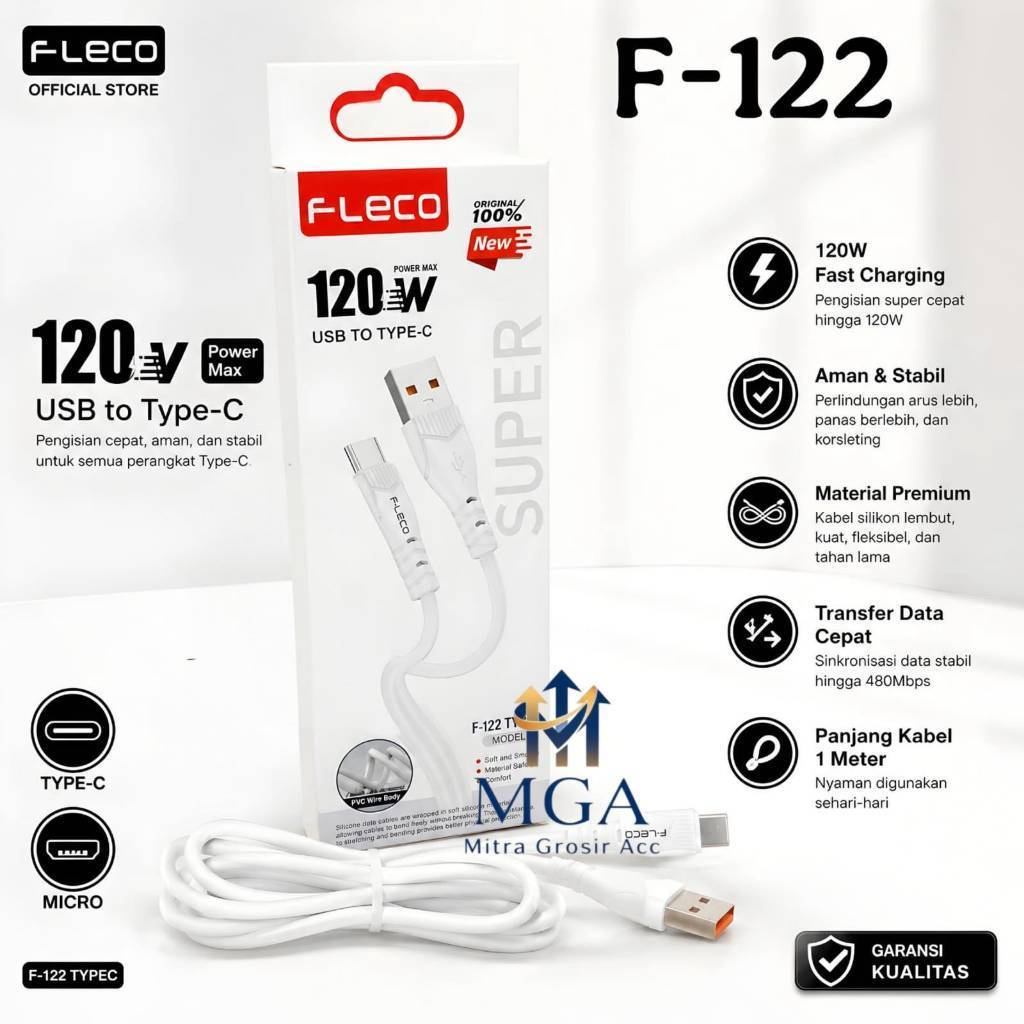 MGA - Kabel Data Fleco F-122 120W Fast Charging 1 Meter Kabel Charger Type C / Micro