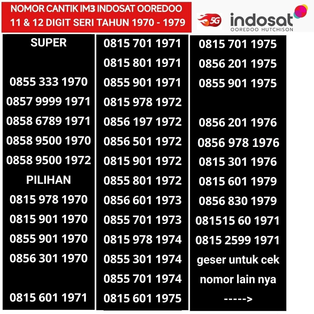 seri tahun im3 Indosat Ooredoo 1970 1971 1972 1973 1974 1975 1976 1977 1978 1979 11 digit 12 digit  