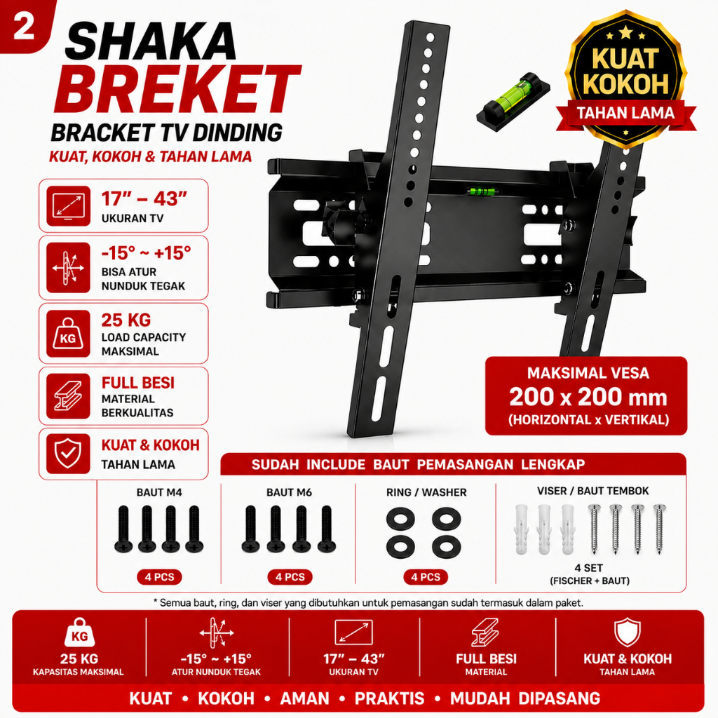 Bracket TV TCL 14–43 Inch Universal Full Besi + Waterpass & Baut Pemasangan