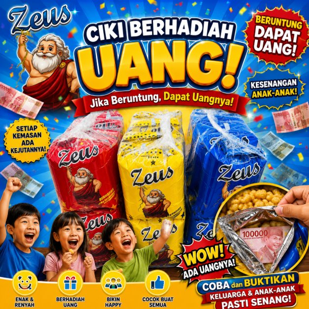 Snack Ciki Zeus Berhadiah Uang 1 bal isi (10pcs) Uang Jika Beruntung