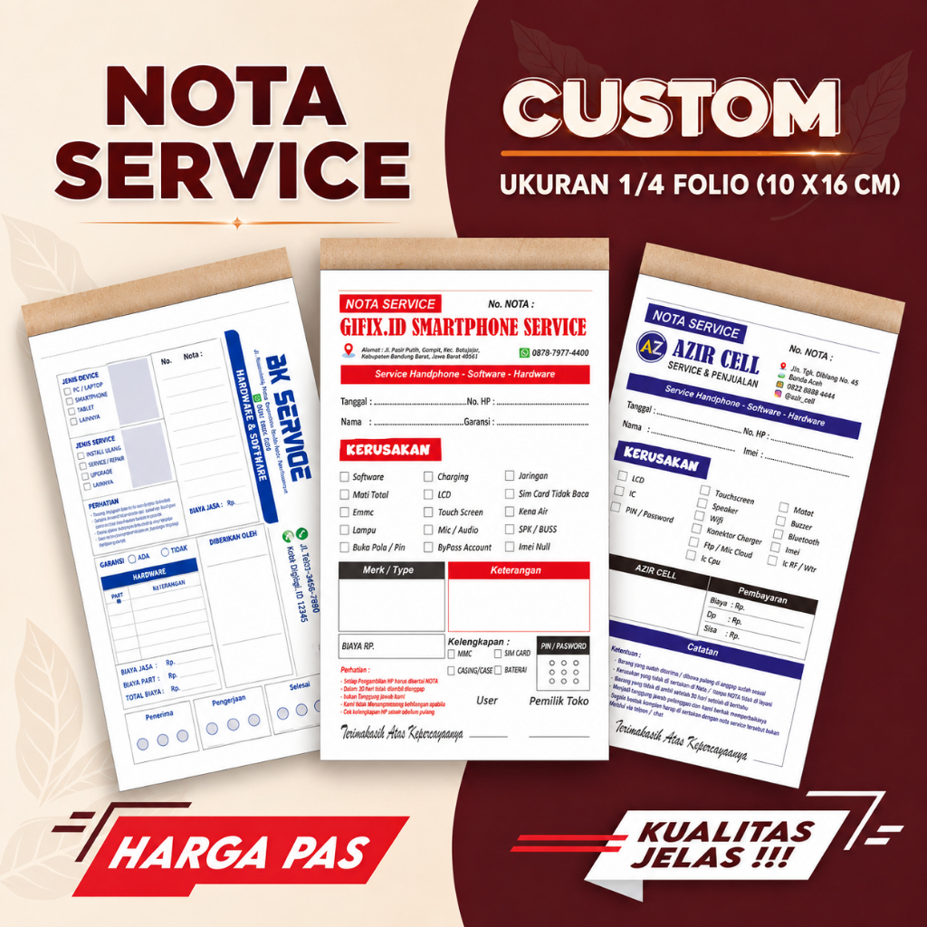 Cetak Nota servis hp ukuran 1/4 polio buku nota servis hp nota servis ponsel