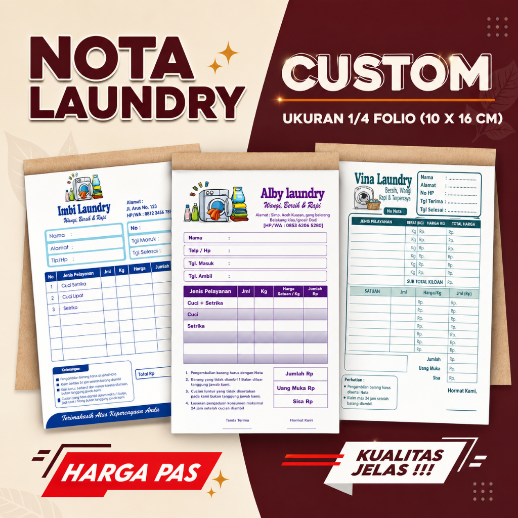 Cetak nota laundry custom nama sendiri nota laundry 1/2/3 ply buku nota laundry