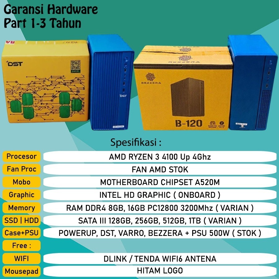Komputer Rakitan AMD RYZEN 3 4100 Up 4Ghz + VGA GT 610, GT 730, GTX 750, GTX 1050