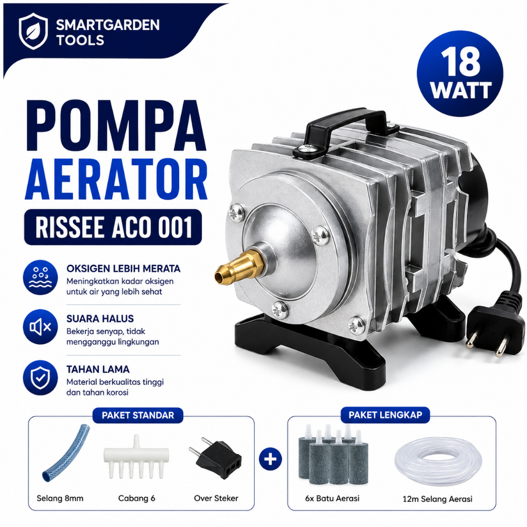Pompa Aerator RISSEE ACO 001 18watt Blower Kolam Ikan Akuarium Pembuat Gelembung Udara Oxygen