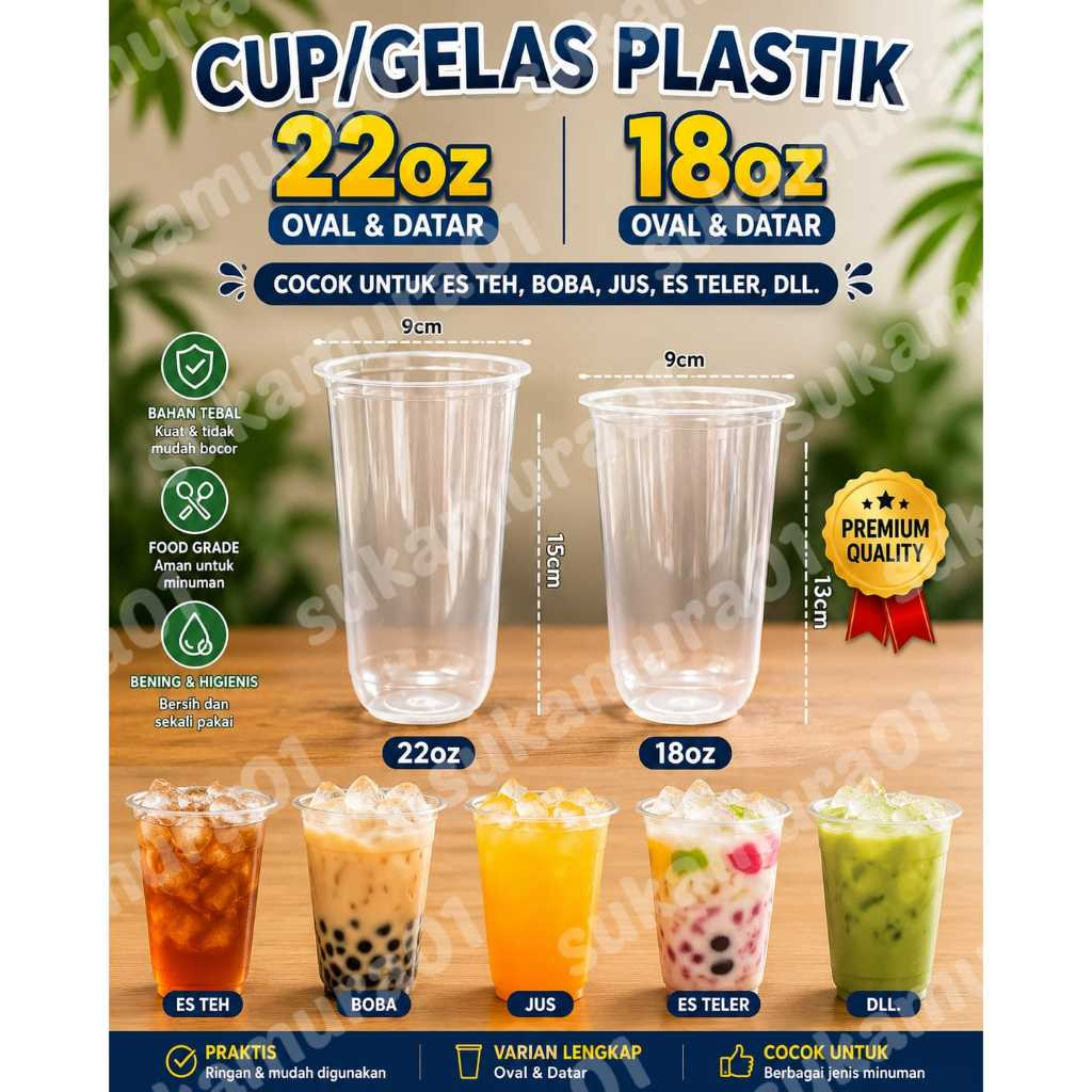 GELAS PLASTIK CUP 22 OZ / 18 OZ OVAL/DATAR/18 slim | CUP ES TEH JUMBO isi 50 Tebal