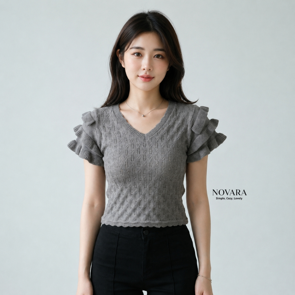 NOVARA Atasan Ruffle jaring Knit V-Neck Top Lengan Pendek | Blouse Knit Ruffle Sleeve Top | Atasan D
