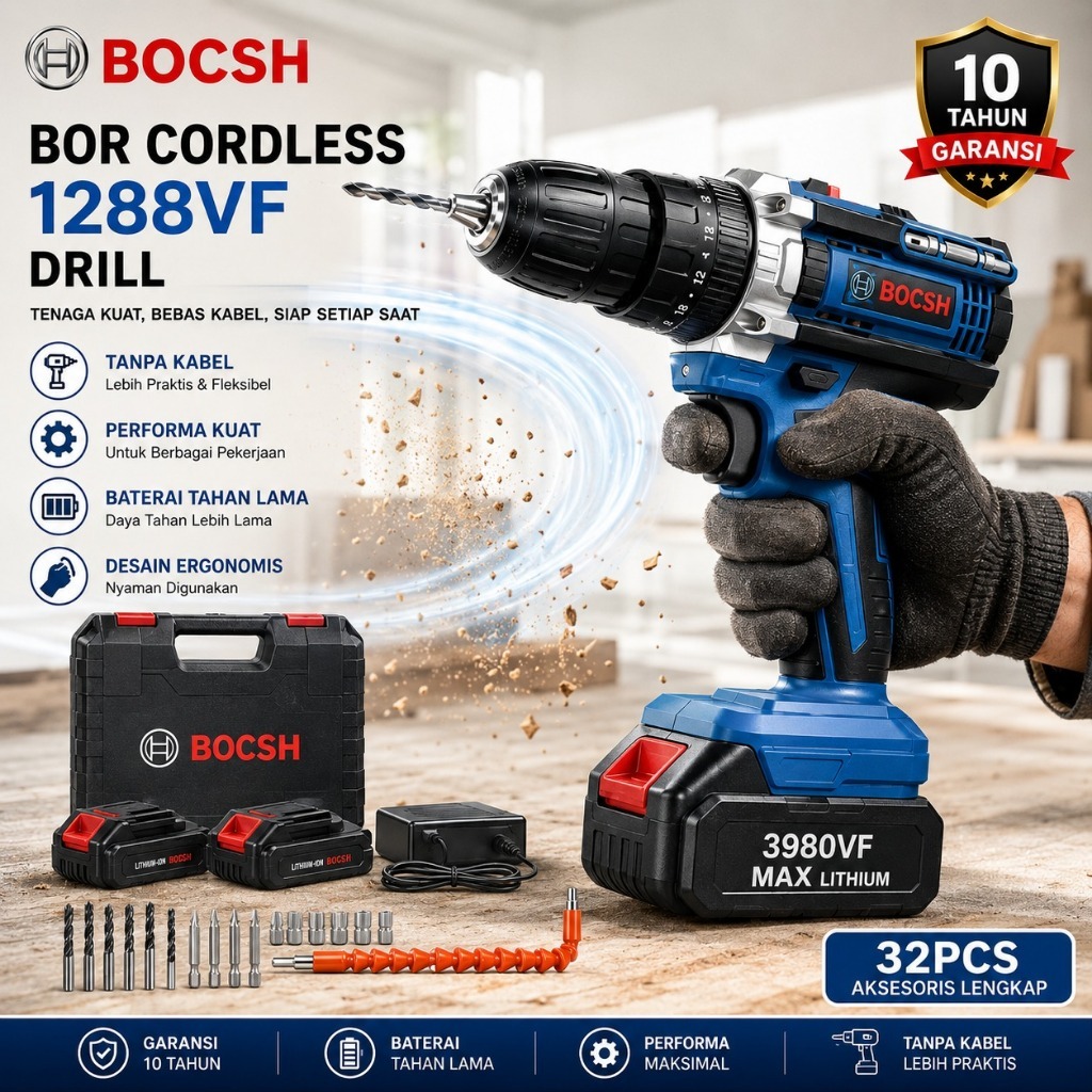 BOSCH Bor listrik cordless Impact Drill Hammer Tanpa Kabel Bor Dinding Kayu Besi Motor Tembaga Murni