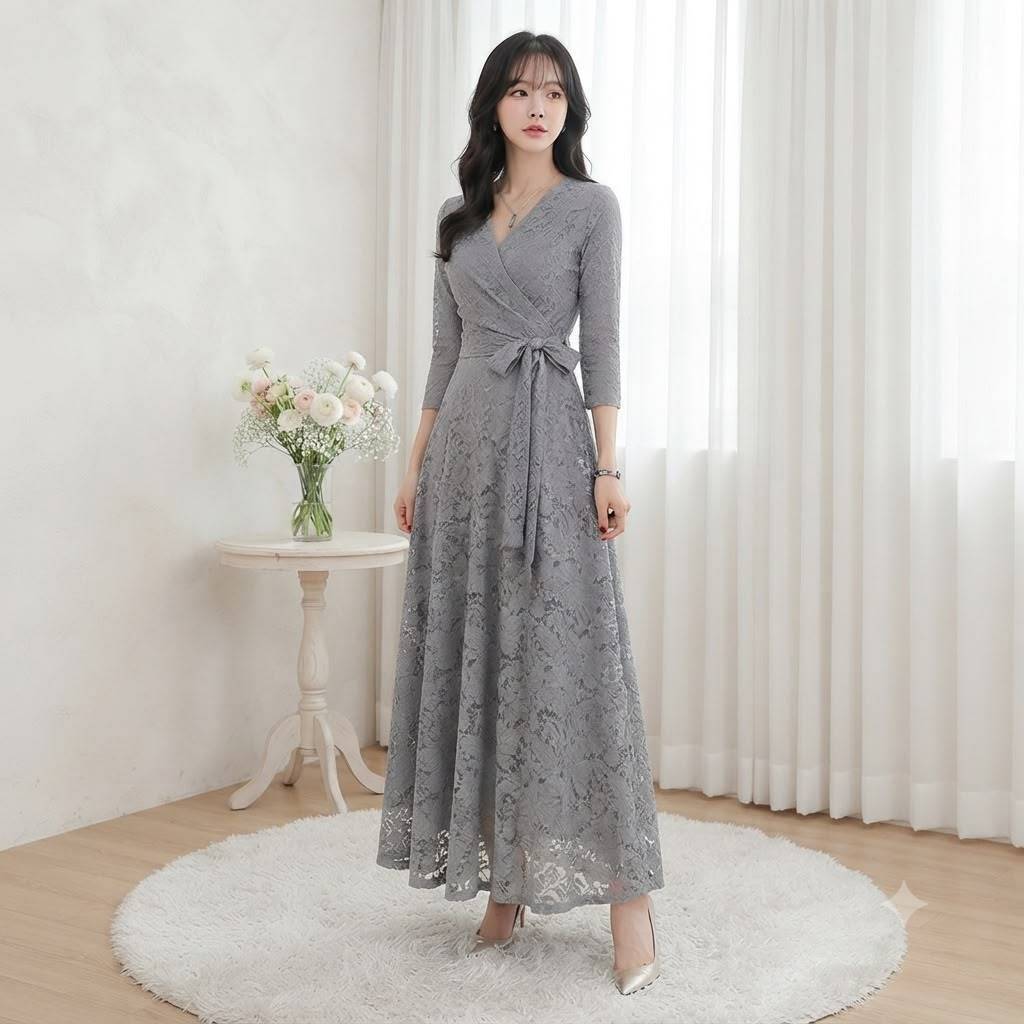 Dyllon FAshion - Icha MAxi Dress Brokat Vneck - Gaun Brokat Pesta Kondangan - Dress Vneck Lengan pan