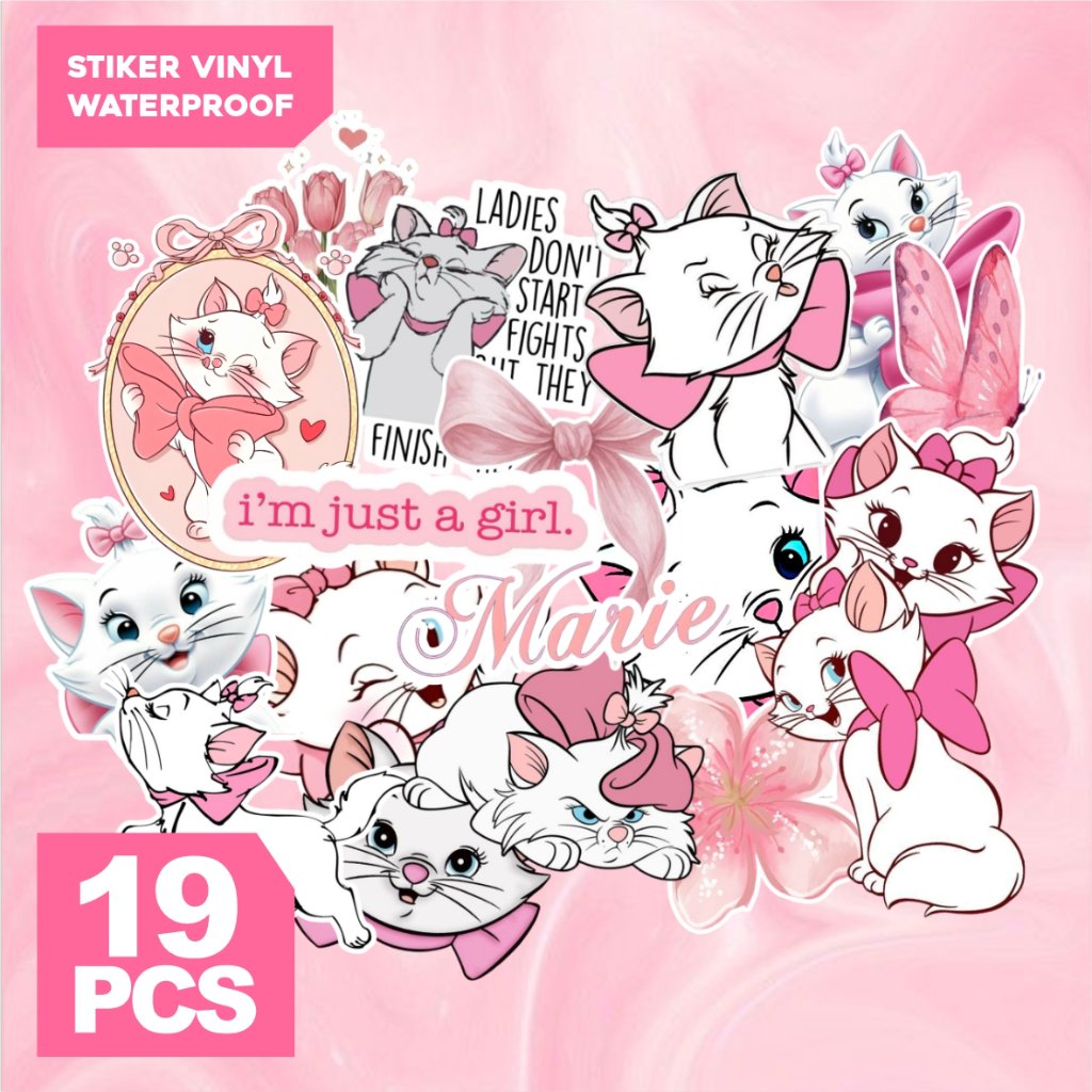 Stiker Vinyl Waterproof Marie Kucing Cute 19 Pcs – Stiker Kucing Pink Lucu
