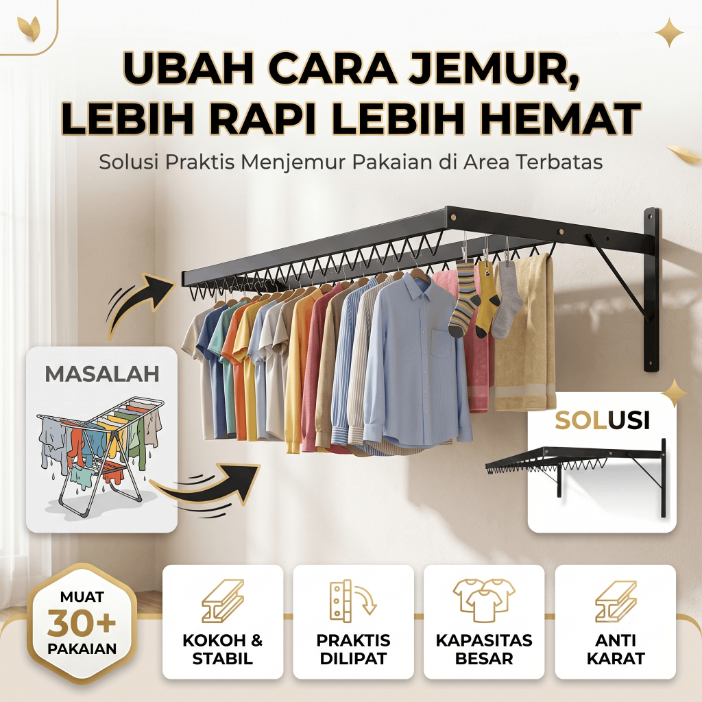 Jemuran Lipat Dinding Double – Rak Jemuran Baju Gantung Hemat Tempat