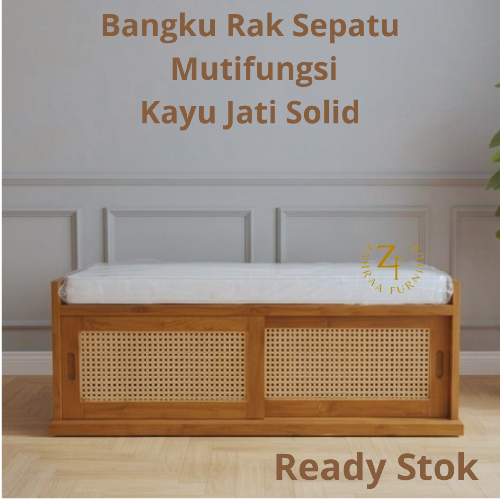 Rak Sepatu Sliding Minimalis Kayu jati Rotan Alami Kursi Bench Storage Sepatu Sofa Sepatu Kayu Duduk