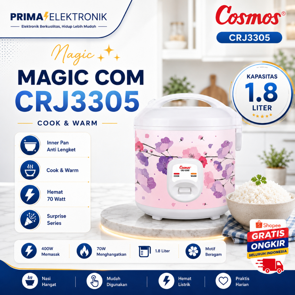 Cosmos Rice Cooker 1.8L CRJ-3305/CRJ3305/CRJ3305/CRJ 3305/CRJ-3305/CRJ 3305 Anti Lengket
