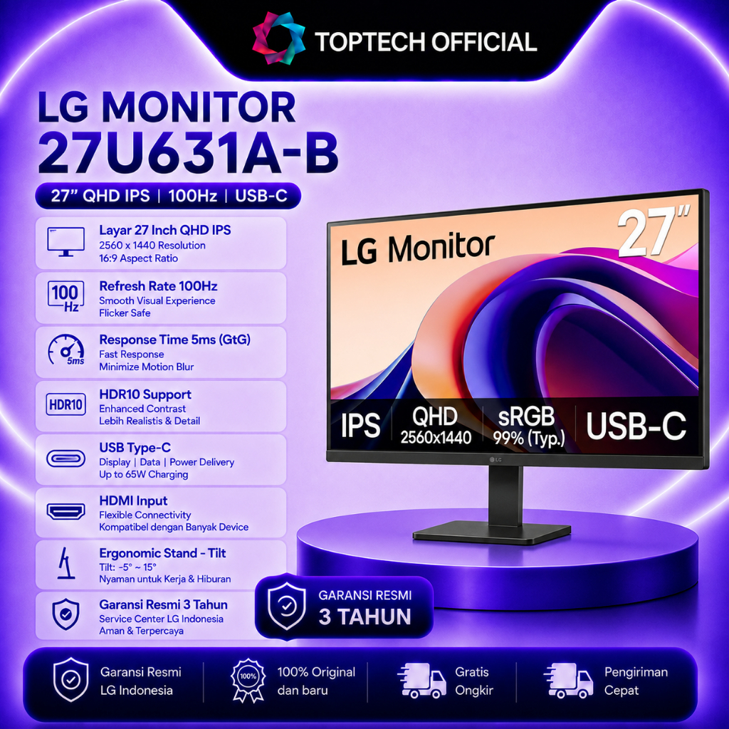LG MONITOR G5 27 INCH 27U631A-B IPS QHD 1440P 5MS 100HZ HDR10 HDMI+USB-C SPEAKER TILT