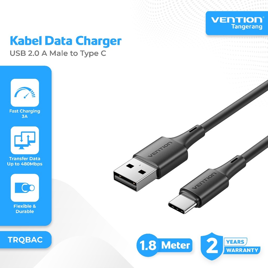 Vention Kabel Data Charger USB 2.0 A Male to Type C Fast Charging 18 Watt 3A Nickle Plated 1,8 Meter