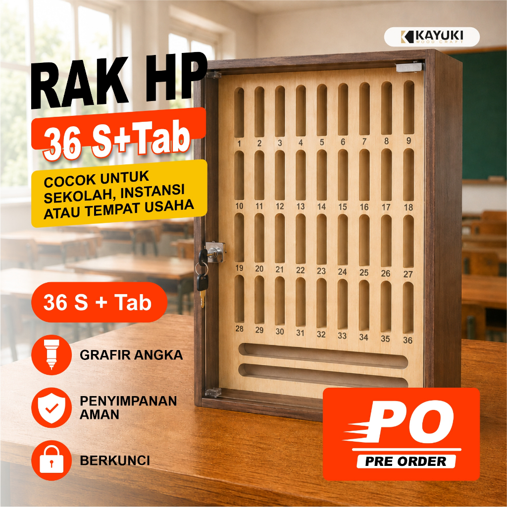 Rak Box HP 36 Slot + 2 Tablet dilengkapi Kunci Tempat Penyimpanan Handphone Management bahan Kayu un