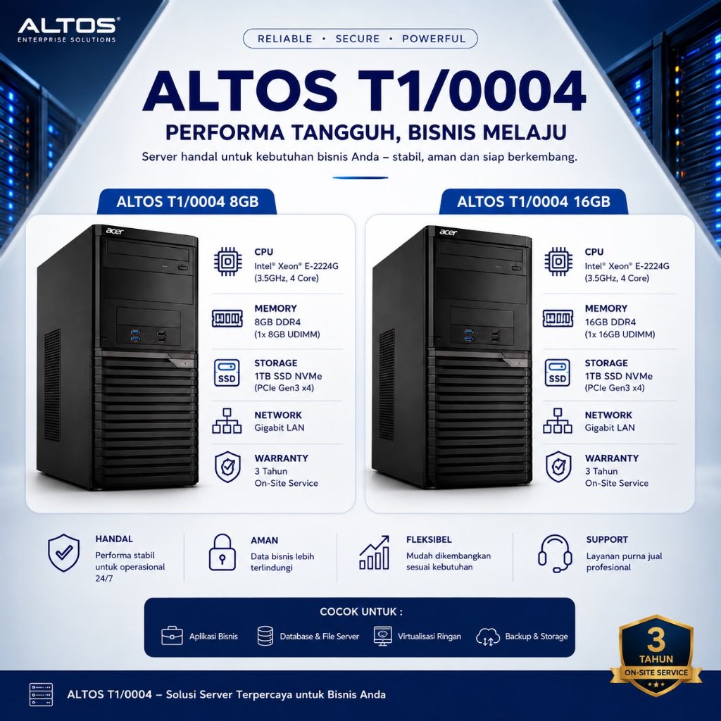 SERVER ACER ALTOS T1 - INTEL XEON E2224 (T1/0004) 8GB 1TB SSD / 16GB 1TB SSD DOS 500WATT TKDN