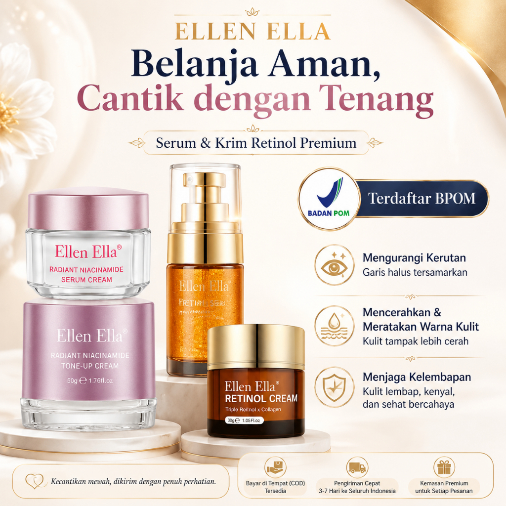 ELLEN ELLA Glowing Niacinamide Pagi Set And Retinol Anti Aging Malam Set 4pcs Tone Up Cream 50g Seru