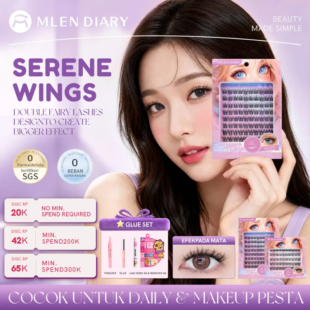 [MLEN DIARY] SERENE WINGS Glue Lashes PAKET, Tebal dan Keriting Makeup Bulu Mata Palsu DIY Bulu Mata